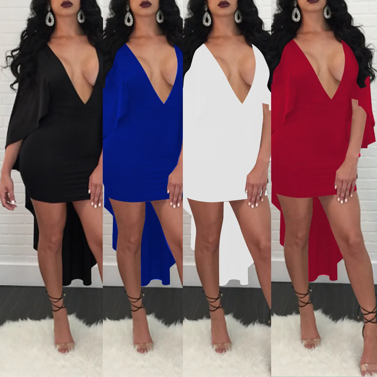

Women Deep V-neck Irregular Mini Dress Summer Sexy Lotus Leaf Sleeve Dovetail Hem Dress Women
