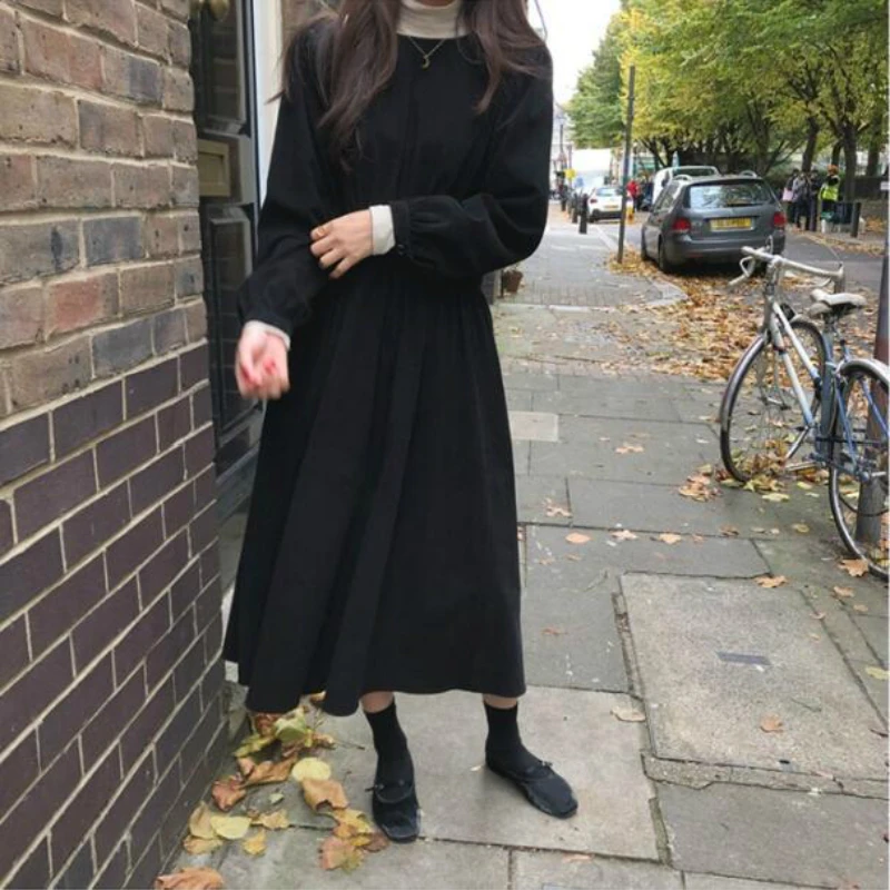 

Women Spring Long Sleeve Round Collar Black Long Dress High Waist A-line Corduroy Single Breasted Solid Dresses