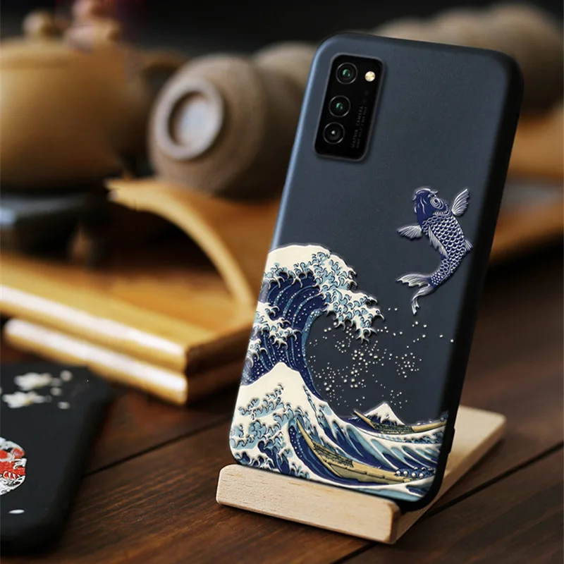 

Emboss Phone case For Huawei Honor 30 View 30 V30 Pro Cover Kanagawa Waves 3D Relief Case FOR Huawei Honor 20 Pro