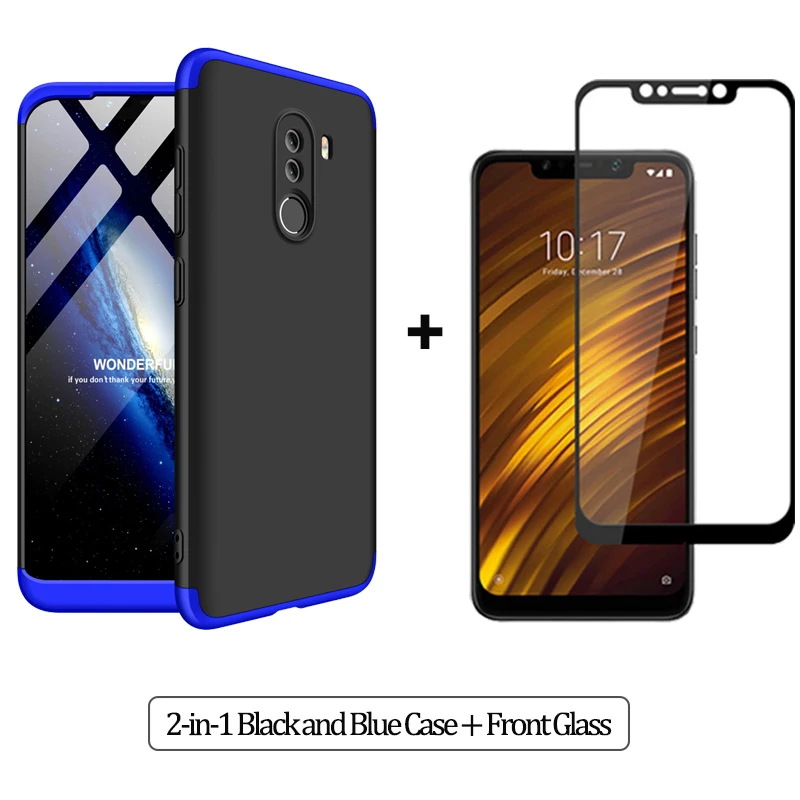 2-in-1BlackBlue Case 3-в-1 Стекло+ бронированный чехол для телефона xiaomi pocophone F1 case 360 Жесткий ПК анти-противоударный бампер чехол pocofone f1 оригинальным стеклянным корпусом xiaomi pocophone f1 чехол на Покофон Ф1 чехол - Цвет: 2-in-1BlackBlue Case