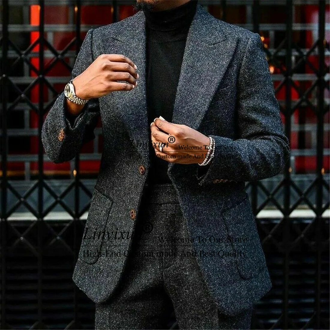 

Classic Tweed Wool Mens Suits Peak Lapel Business Blazer Formal Wedding Groom Tuxedo 2 Piece Jacket Pants Set Terno Masculino