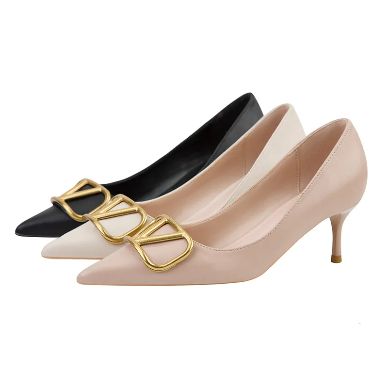 Fashion professional OL women's shoes stiletto high-heeled shallow mouth pointed toe thin metal V home buckle shoes