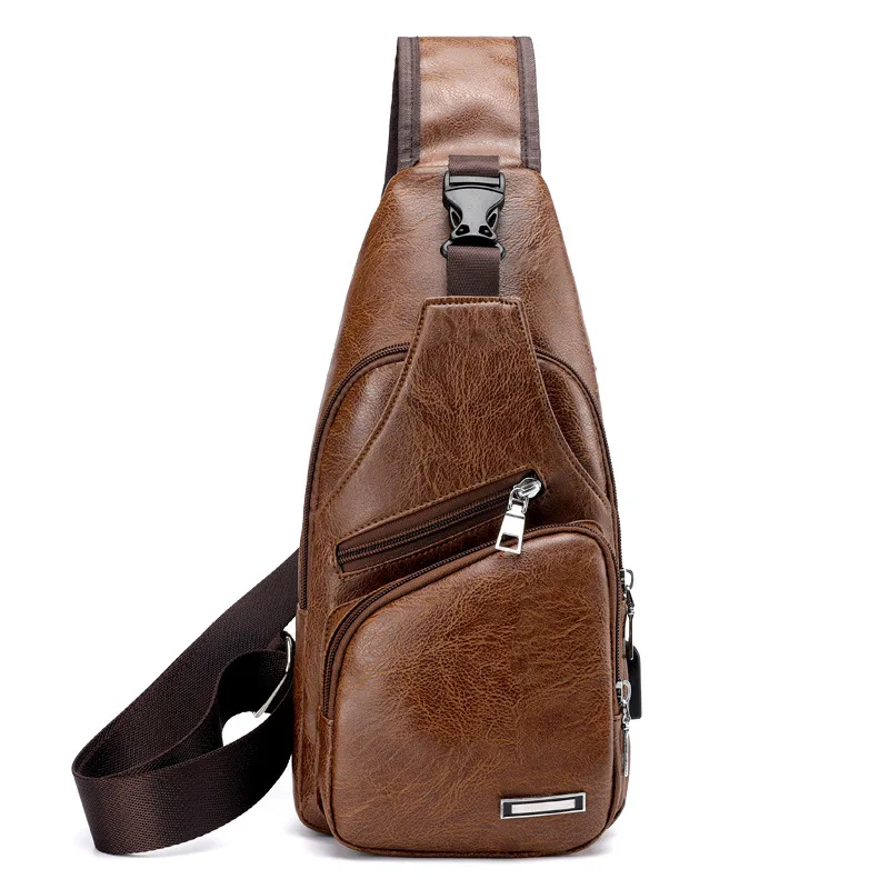 

New 2021 Men Chest Bags Waist Bags Men Crossbody USB Charging Headphone Plug PU Leather and canvas Shoulder Bag Diagonal Package