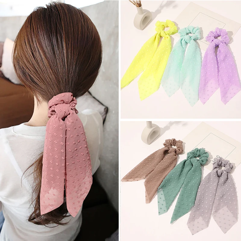 

Solid Chiffon Long Ribbon Hair Scrunchies Accessories Bowknot Elastic Hair Bands Rope Women Elegent Ponytail Rubber Bands
