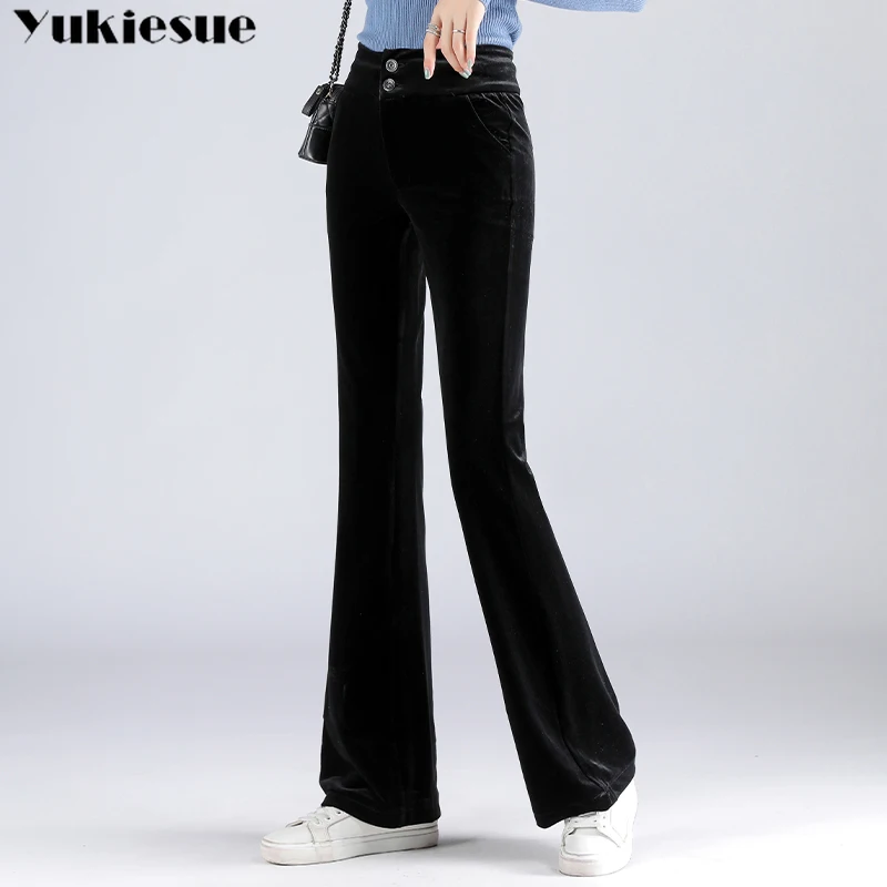 streetwear 2020 winter autumn gold velvet women's pants female high waist flare capris for women trousers woman Plus size | Женская