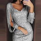 Облегающее пикантное платье 40 #, женское однотонное платье с бахромой и блестками, летнее платье-футляр с рукавом и V-образным вырезом, тонкое мини-платье 2021