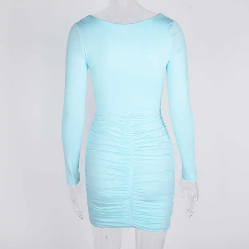 

2 Layers Women Dress Autumn V-neck Chest Hollow Out Drawstring Lace Up Ruched Sexy Dress Bodycon Party Dress Short