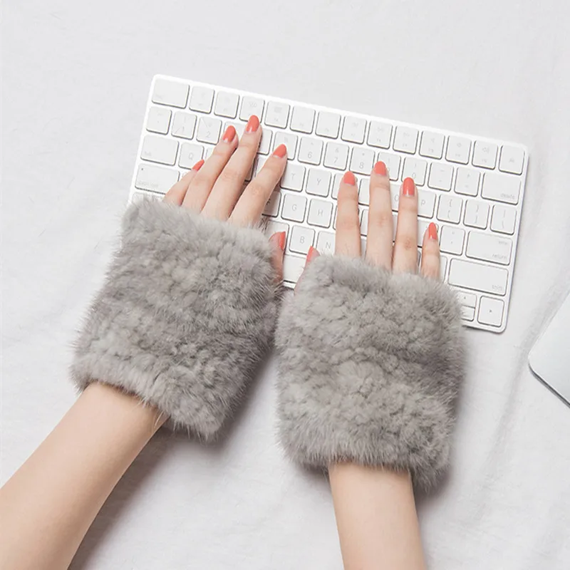 Настоящие Вязаные норковые меховые перчатки Зимние без пальцев 2019фирменная