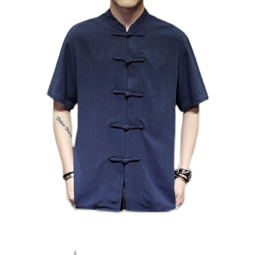 

Chinese Traditional Clothes Tang Suit Men Tops Vintage Shirts Short Sleeve Casual Loose Solid Color Linen Chinoiserie Hanfu Male