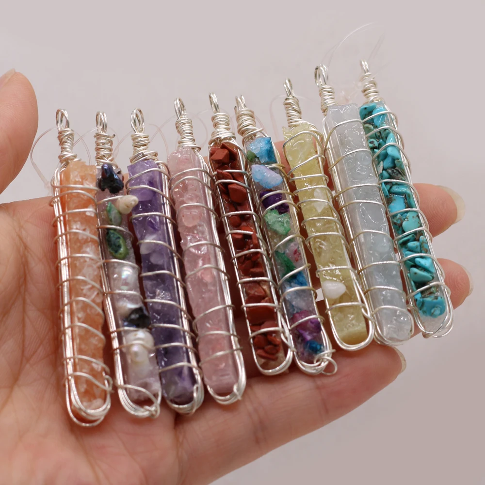 

yachu Pure Natural Semi-precious Stones Irregular Crystal Buds Winding Silver Wire Pendant DIY Necklace Bracelet Size 8x65mm