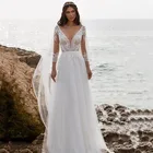 Женское свадебное платье с длинным рукавом, V-образным вырезом и открытой спиной
