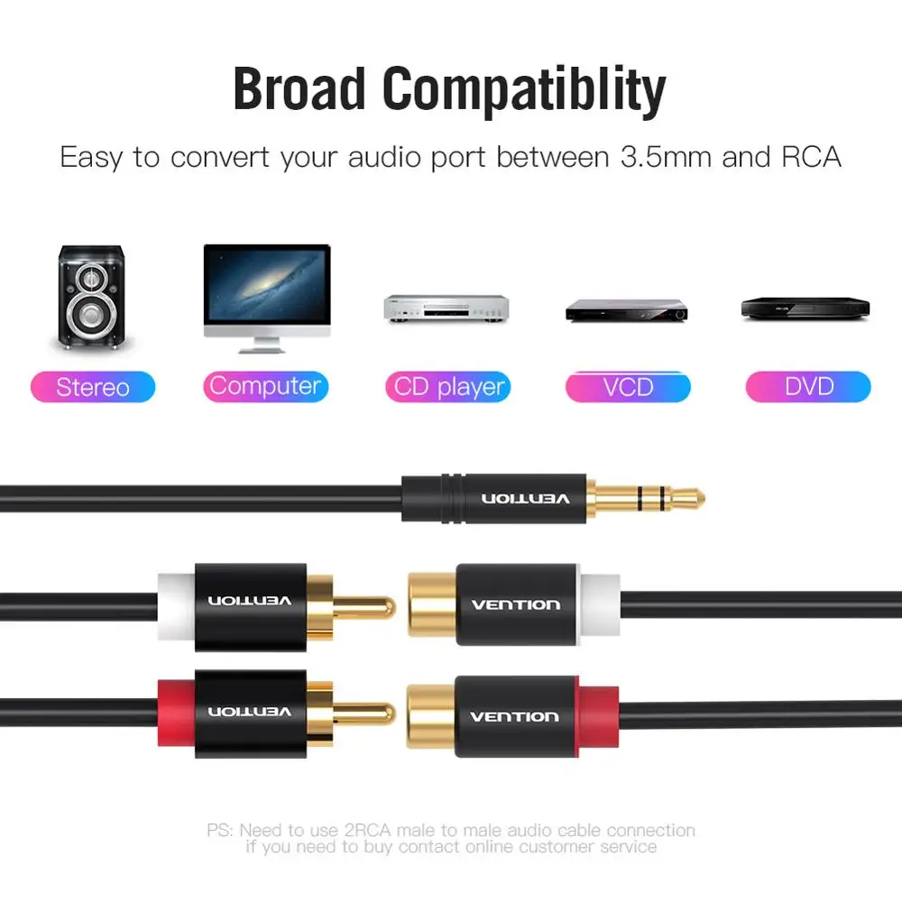Стерео аудио кабель VENTION 3 5 мм штекер 2RCA гнездо адаптер 2xRCA женский AUX позолоченный
