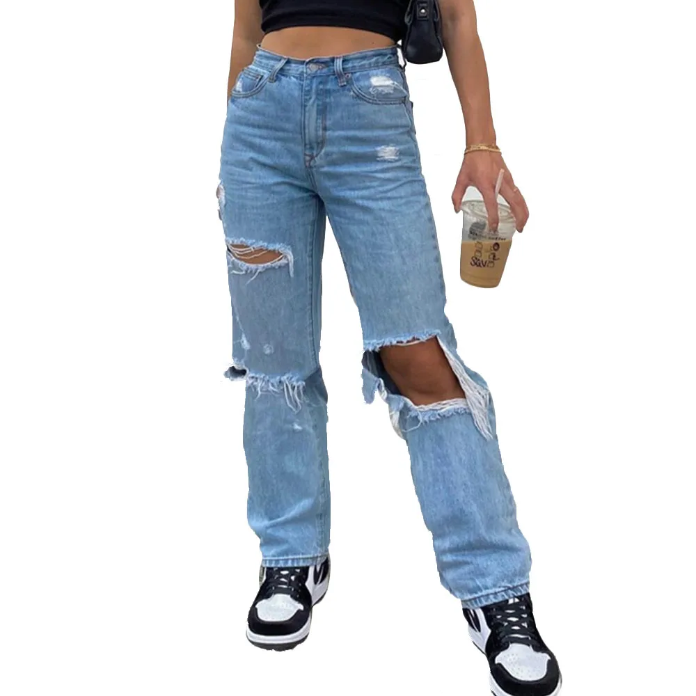 

2021 New Arrival Streetwear Hole Ripped Jeans For Women Fashion Trendy Baggy Hip Hop Casual Denim Y2K Pants Blue drop shipping
