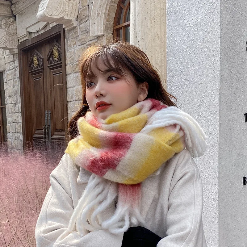 

2021 Scarves Women's Winter Classic Circle Yarn Color Matching Fashion Plaid Oversize Lady's Shawl Thick Warm Scarf
