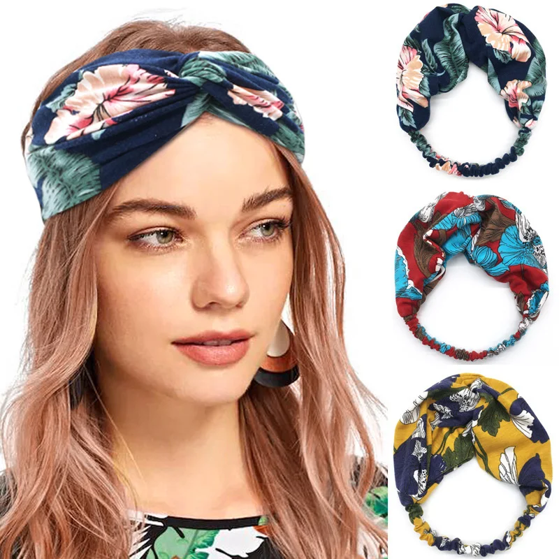 

Women Headband Vintage Cross Knot Elastic Hair Bands Soft Solid Hairband Girls Hair Accessories Floral Turban Bandanas Head Wrap