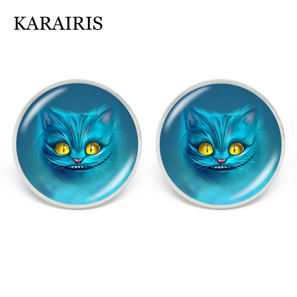 

KARAIRIS Alice Adventures in Wonderland Smiling Cheshire Cat Earring Fashion Jewelry Glass Art Round Stud Earrings For Women New