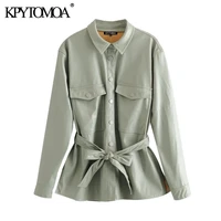 kpytomoa women 2021 street fashion pu faux leather with belt jacket coat vintage long sleeve pockets female outerwear chic tops