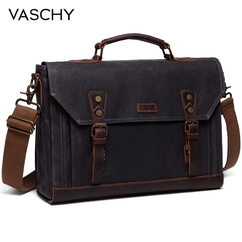vaschy canvas messenger bag for men vintage leather bag men waxed canvas briefcase men for 17 3 inch laptop office bags for men free global shipping