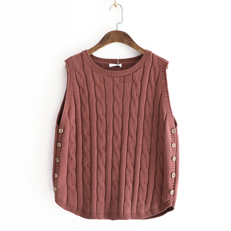 

Spring Side Button 95% Cotton Sleeveless Female Knitted Vest Brief O-neck Solid Veste Femme Plus Size Loose Women's Sweater Coat