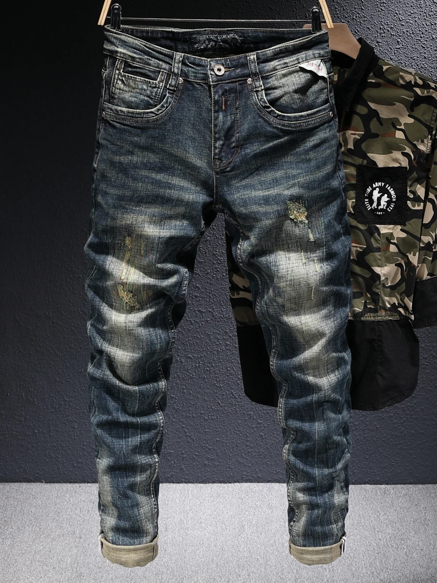 Italian Style Fashion Men Jeans Retro Black Blue Elastic Cotton Slim Fit Ripped Denim Trousers Embroidery Vintage Designer Pants | Мужская