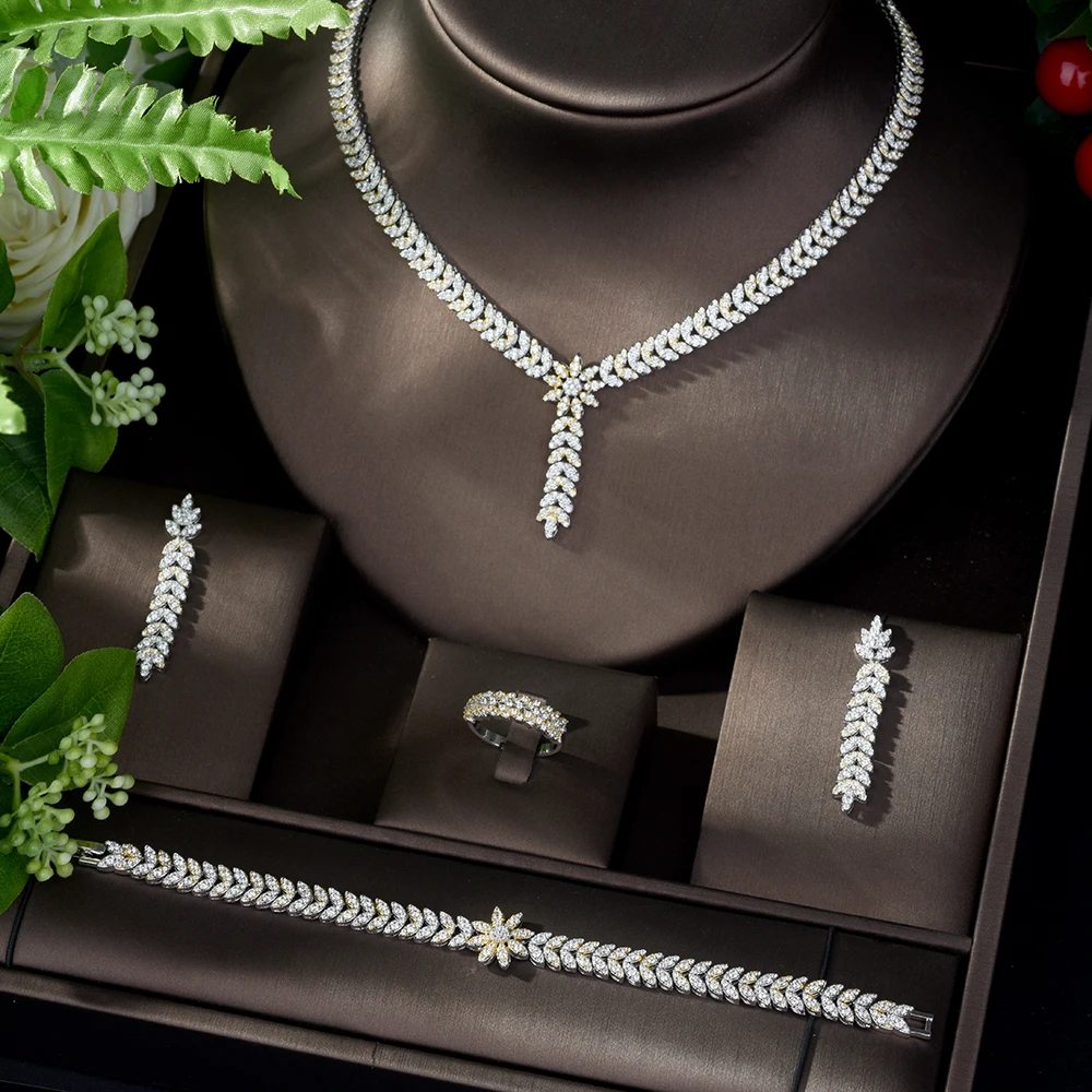 Colar de Noiva e Brincos Conjunto de Jóias Hibride Novidades Leaf Flower Design Aaa Cúbicos Zircônia Grupo Mulheres Partido Collier Mariagen-1094