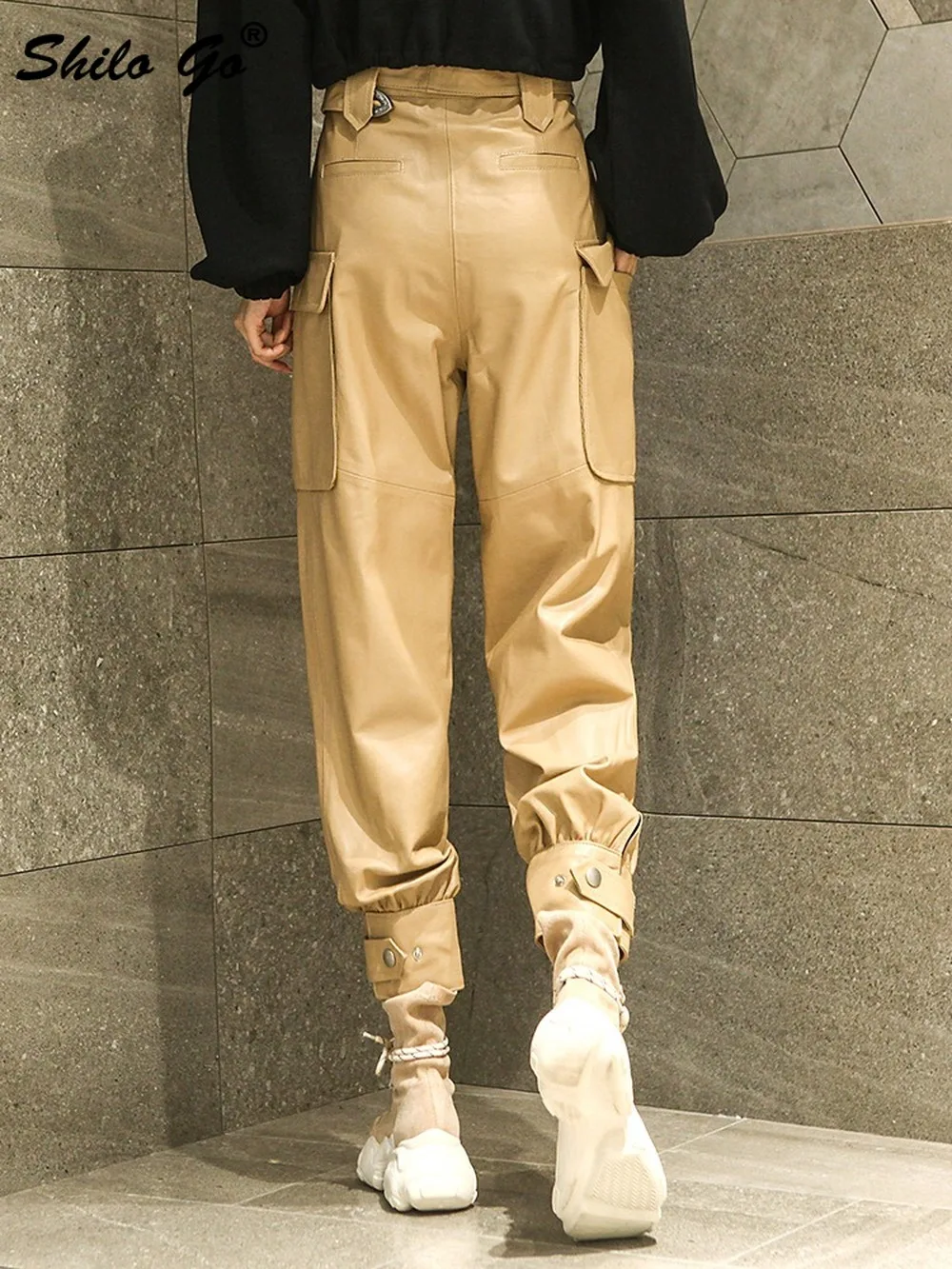 

Safari Style High Waist Pants Womens Winter Drawstring Waist Pockets Detail Genuine Leather Harem Pants Solid Sheepskin Trousers