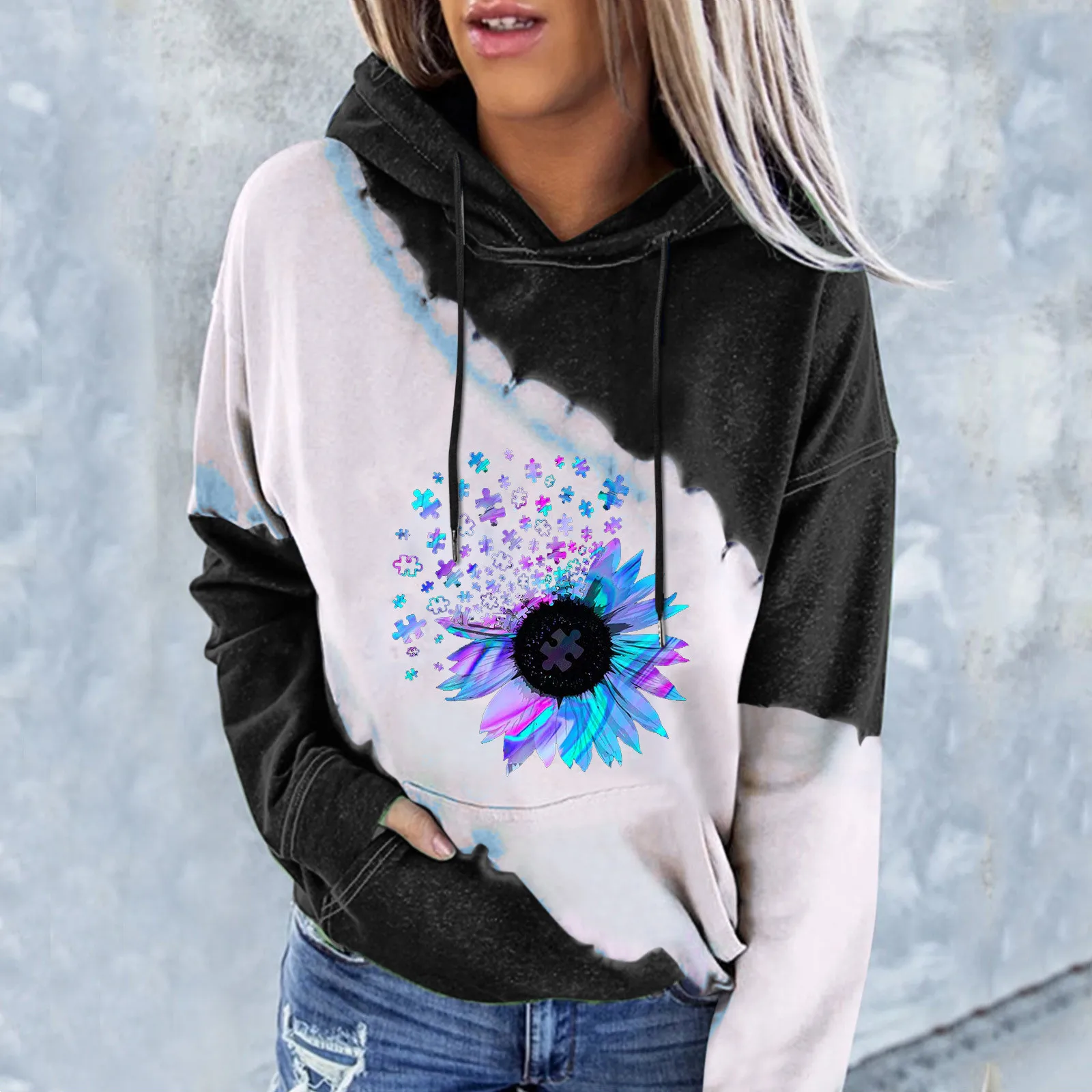 

Female Women Hoodies Pullover Hooded Casual Color Matching Printing Pocket Long Sleeve Sweatshirts Sudaderas Con Capucha #H