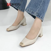 enmayer basic genuine leather square toe woman shoes slip on casual high heels springautumn fashion pumps ladies shoes 34 43