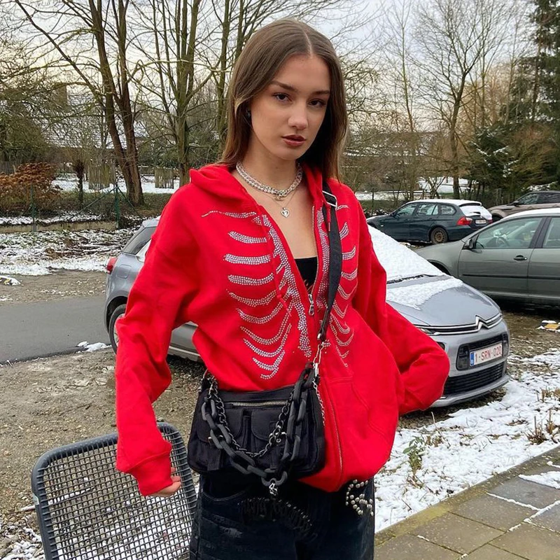 

Y2K Rhinestone Skeleton Zip Up Oversized Sweatshirts 2022 Summer Goth Hoodies Women Red Hooded Jacket Streetwear Retro Clothe