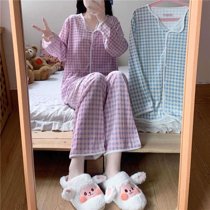 

Женская шелковая клетчатая Пижама JRMISSLI с отворотом Женский комплект из двух частей пижама с длинным рукавом Домашняя одежда женская пижама...