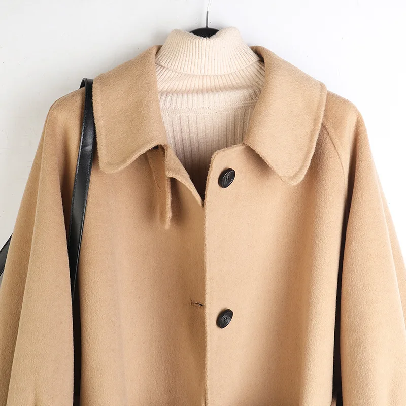 

2020 Autumn And Winter Fashion New Hand-stitched Double-sided Cashmere Mid-length Camel Color Doll Collar Woolen Coat Women B149