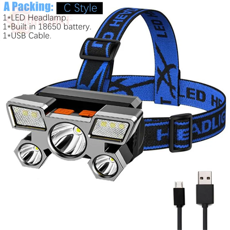 

Super Bright 5LED Headlight Waterproof Built-in 18650 Battery Rechargeable USB Portable Flashlight Outdoor Camping Headlamp