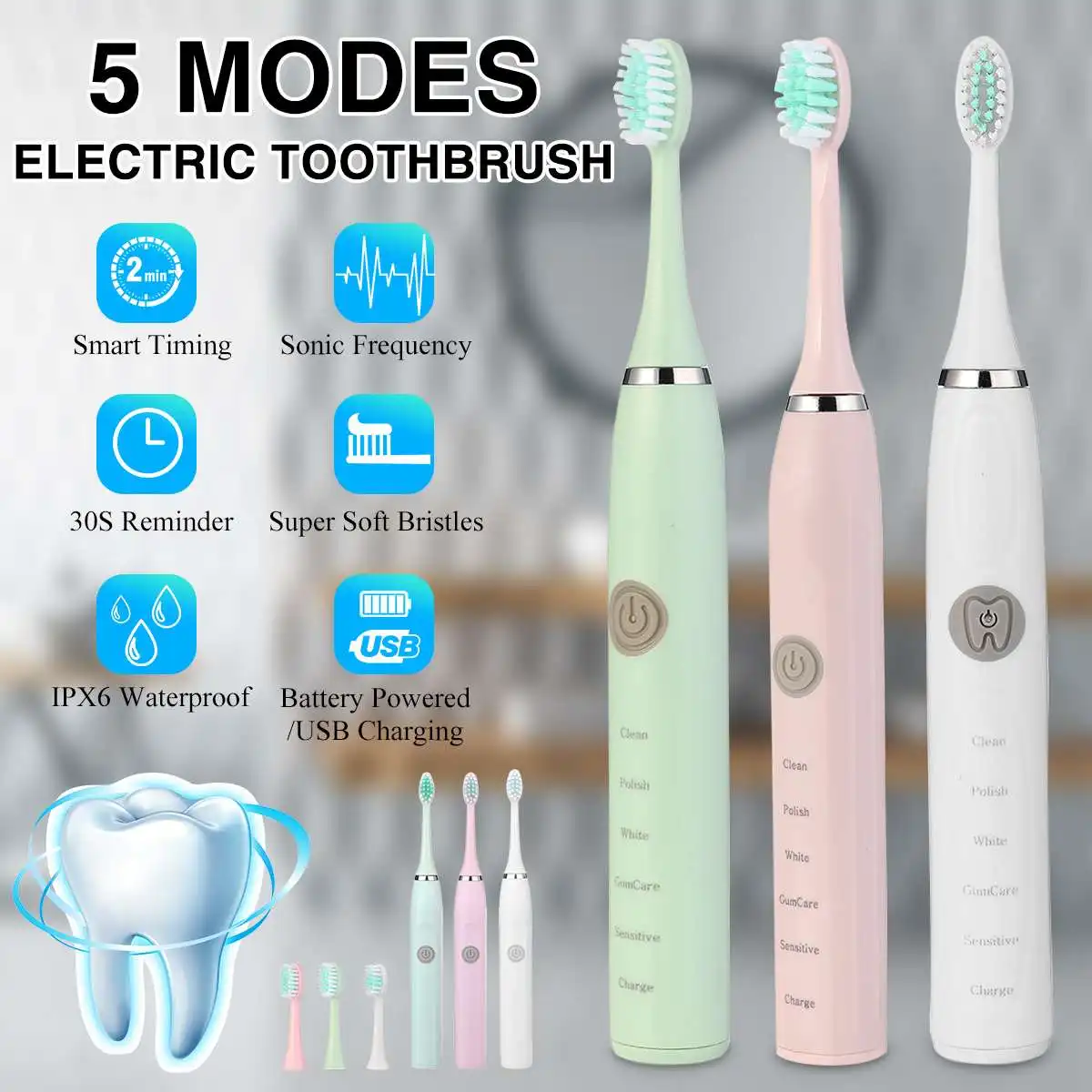 5 Modes Sonic Electric Toothbrush IPX6 Waterproof Automatic Children Cleaning Toothbrush Battery Powered/USB Charging