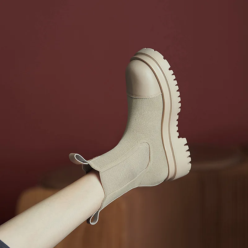 

Женские вязаные ботинки на толстой подошве, повседневные короткие ботинки больших размеров с сетчатым красным носком, Осень-зима