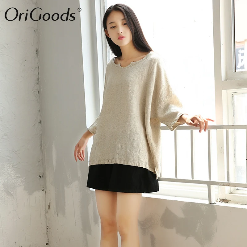 Оригинальная винтажная льняная женская блузка большого размера однотонная