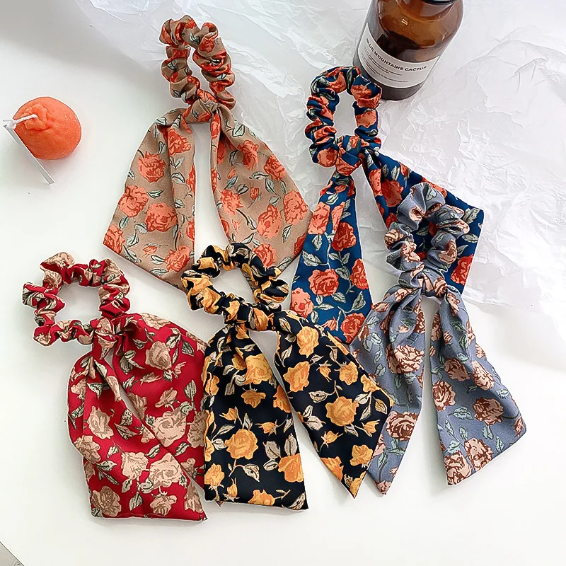 

Fashion Floral Print Bow Satin Long Ribbon Ponytail Scarf Hair Tie Scrunchies Women Girls Elastic Hair Bands Hair Accessories