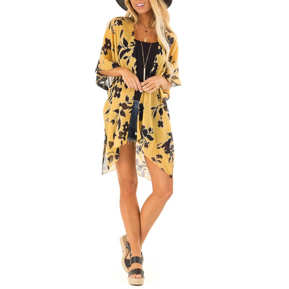Цветочный Женский шифон спереди открытый короткий рукав комбинезон кардиган с