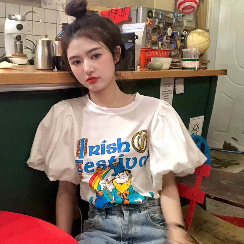 

Women's Puff Sleeve Short-Sleeved T-shirt 2021 Summer New Ladies Lantern Sleeve Loose Personality Top Ins Fashion Pullover Tee
