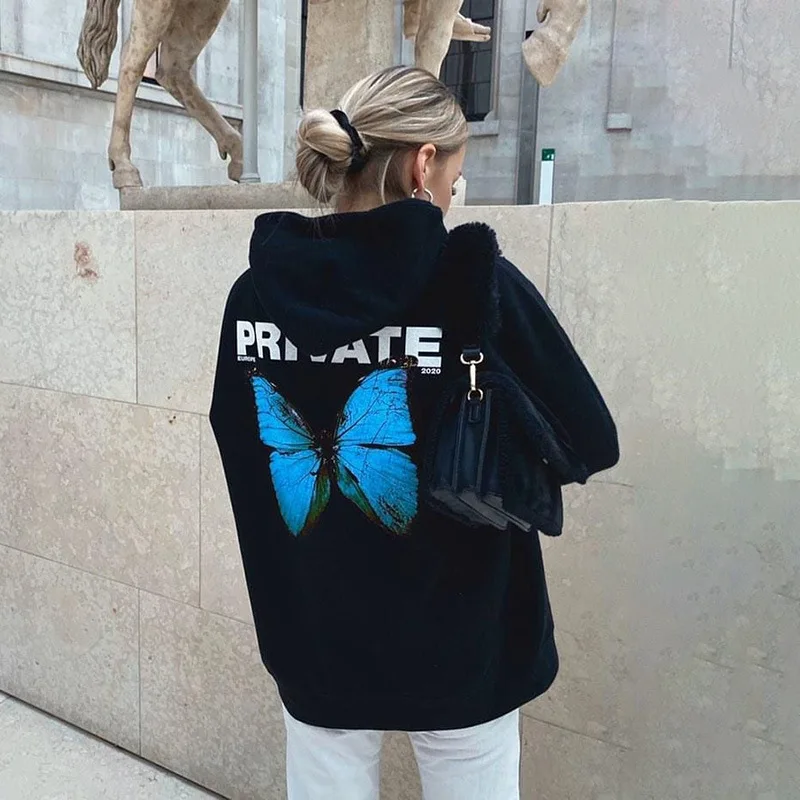 

Fashion Autumn Warm Women Hoodie Explosion Private Butterfly Hoodies Sweatshirt Long-Sleeved Simple Black Harajuku Women Hoodies