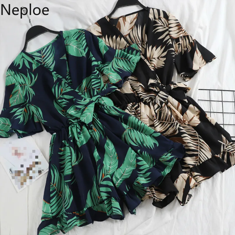 Neploe Boho Цветочный принт Комбинезоны женские шифоновые с v образным вырезом