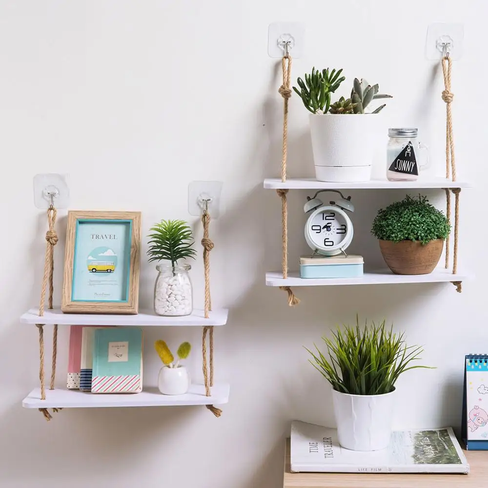

2 Layers Wood Wall Shelf Sling Rope Rack Flower Pot Storage Rack Nordic Wall Organizer Hanging Board with Hooks Home Decoration
