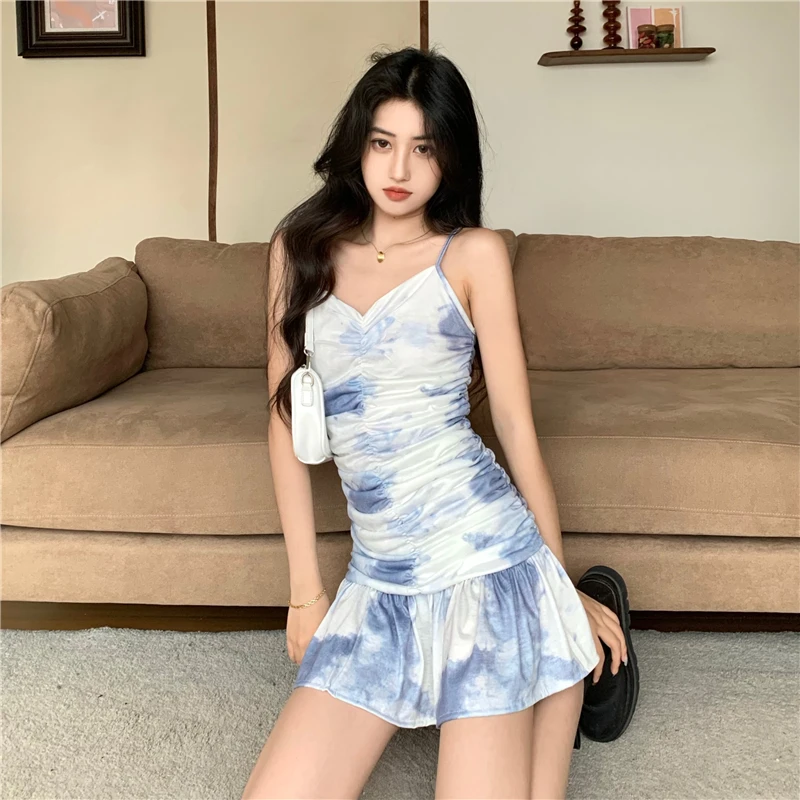 

High Waist Slim Fit Strappy Women Vest Dress Women's summer sundresses Sexy Dress Tie Dye Summer Pleated Skirt fashion 2021