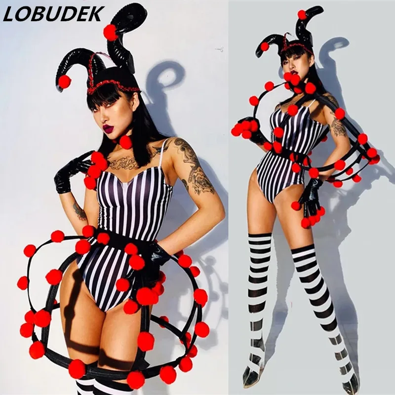 

Halloween Clown Party Show Tour Nightclub Costume Women DJ Singer Dancer Novelty Stage Outfit Stripe Bodysuit Headdress Clothes
