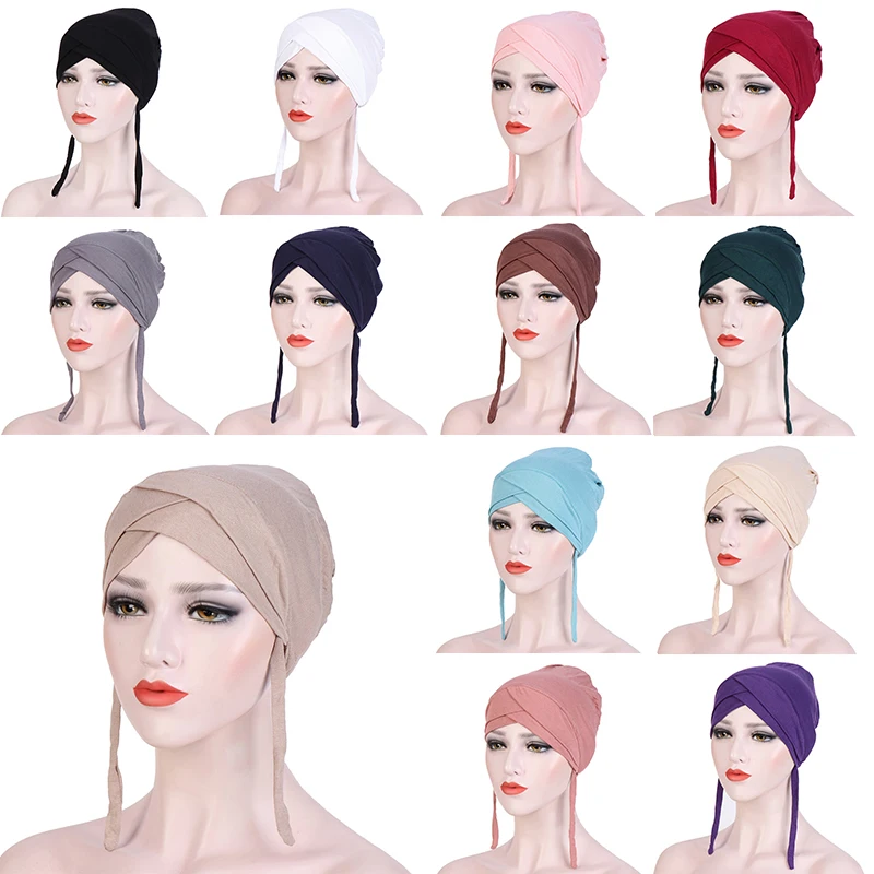

New Stretch Cotton headband Long Tail Caps Indian Bonnet Baotou Hat Head Wearing Hat Cross Muslim Turban Hijab Caps Head Scarf