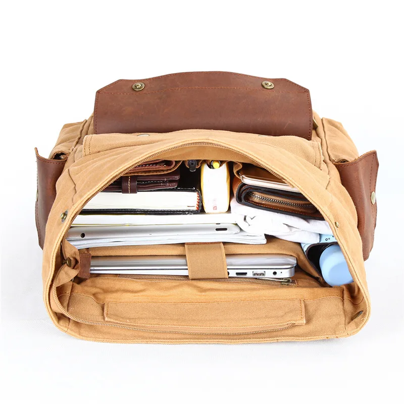 

Canvas Vintage Backpack Leather Trim Casual Bookbag Men Women Laptop Travel Rucksack