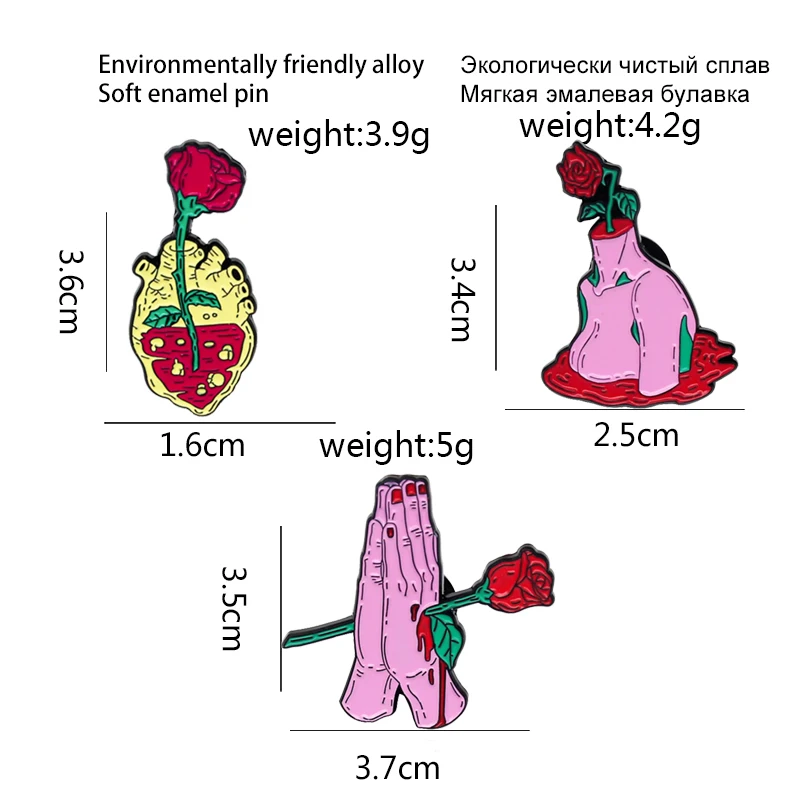 Эмалированная брошь в форме сердца крови розы цветка красная роза прокол обе