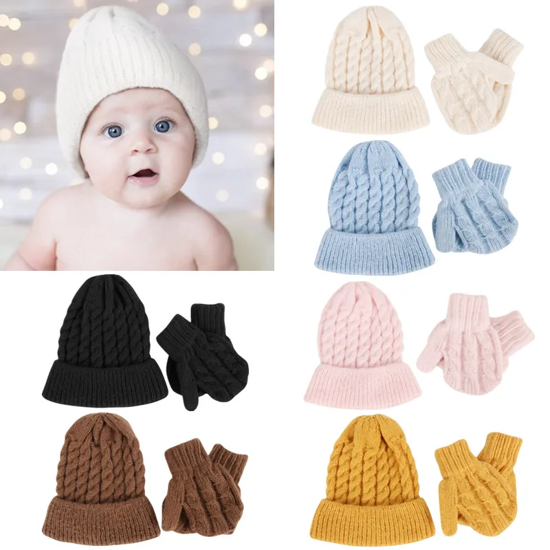 

1 комплект, зимняя теплая шапка для младенца и перчатки, однотонная вязаная крючком шерстяная шапочка, эластичная детская шапка, варежки для...