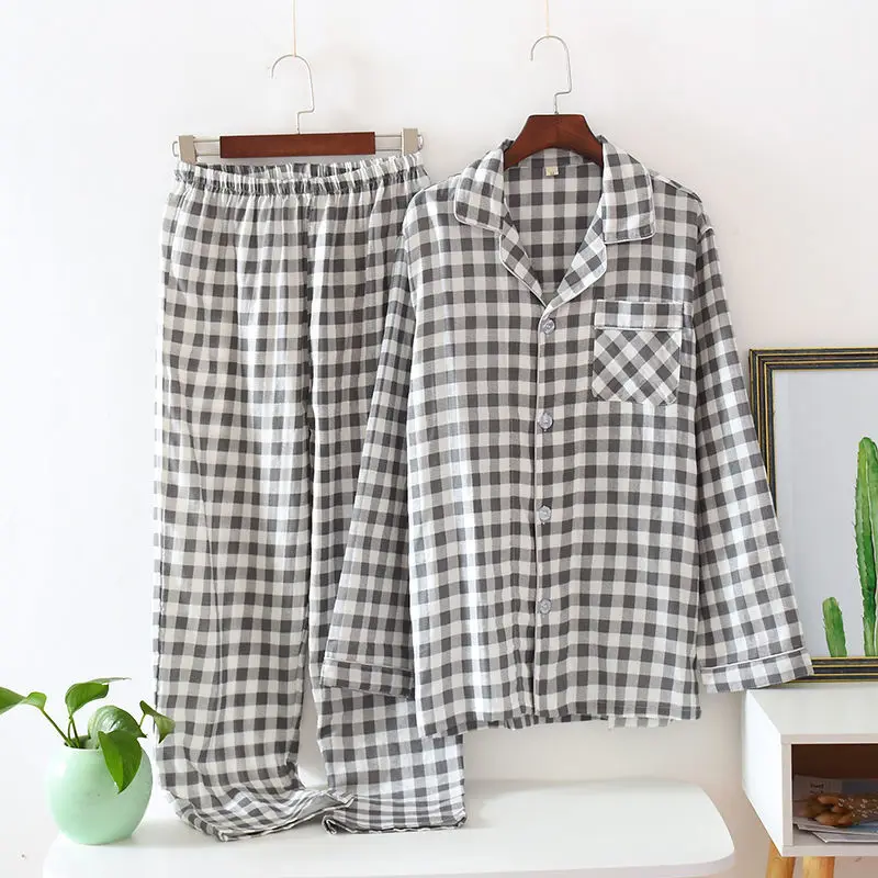 2021 New Spring Women Pajamas Set 100% Cotton Turn-down Collar  plaid Long-sleeve Sleepwear Homewear Nightshirt Casual Wear