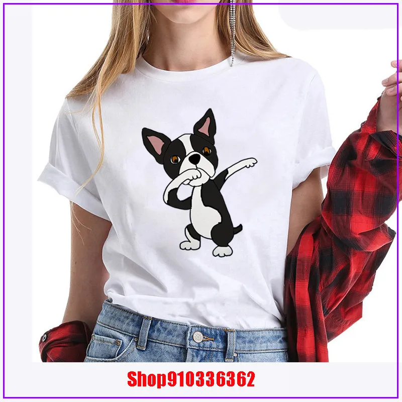 2020 Cute Boston Terrier Dog Dabbing Cartoon Pet Design Funny T Shirt for Women Graphic Premium T-Shirt Women's Streewear | Женская