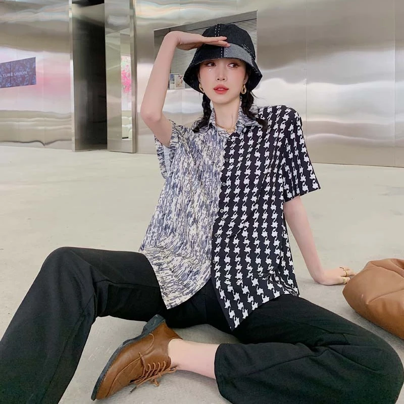 

Kimotimo Women Patchwork Shirt Korean 2021 Plaid Printing Turn-down Collar Short Sleeve Tops Casual Office Summer Loose Blouse